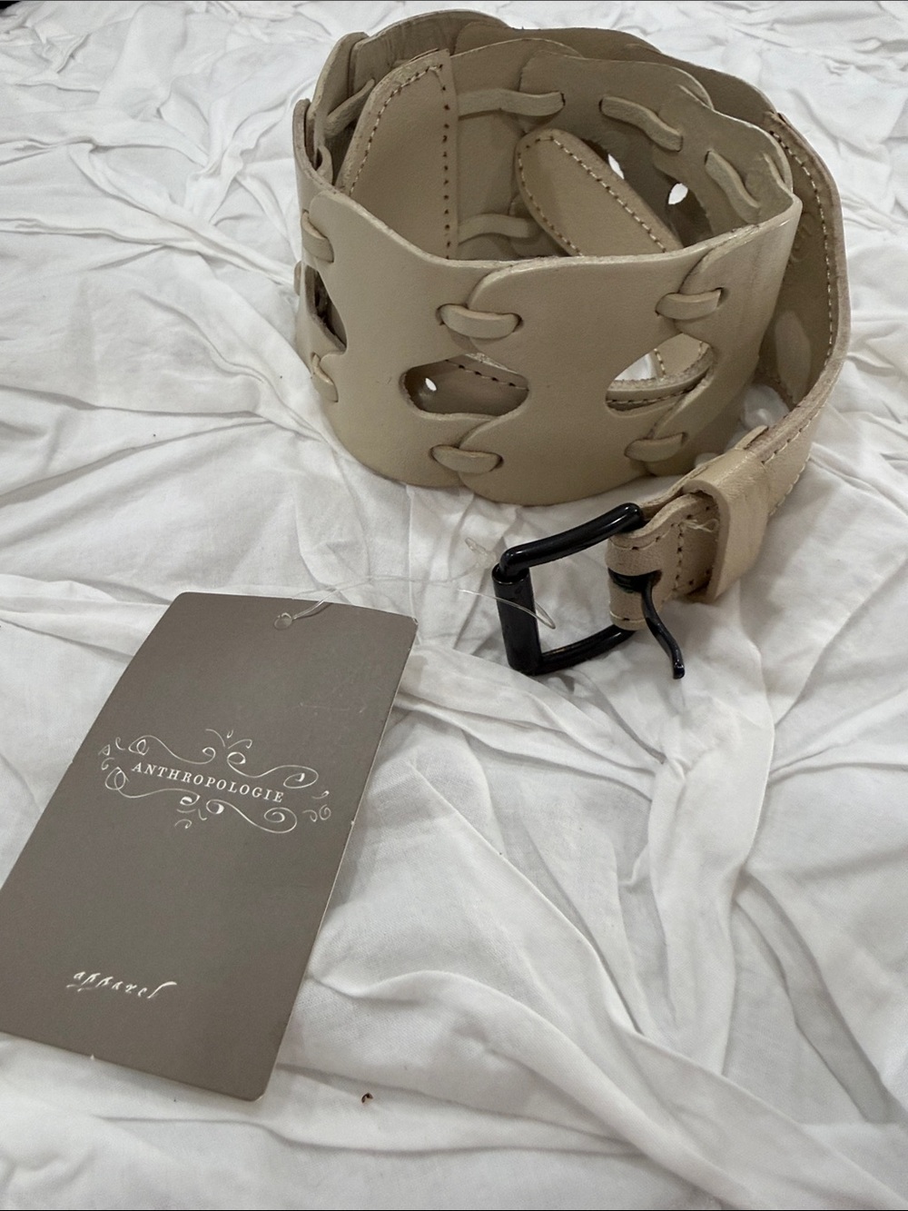 NWT Linea Pelle Beige Lace-Up Wide Leather Belt Sz M